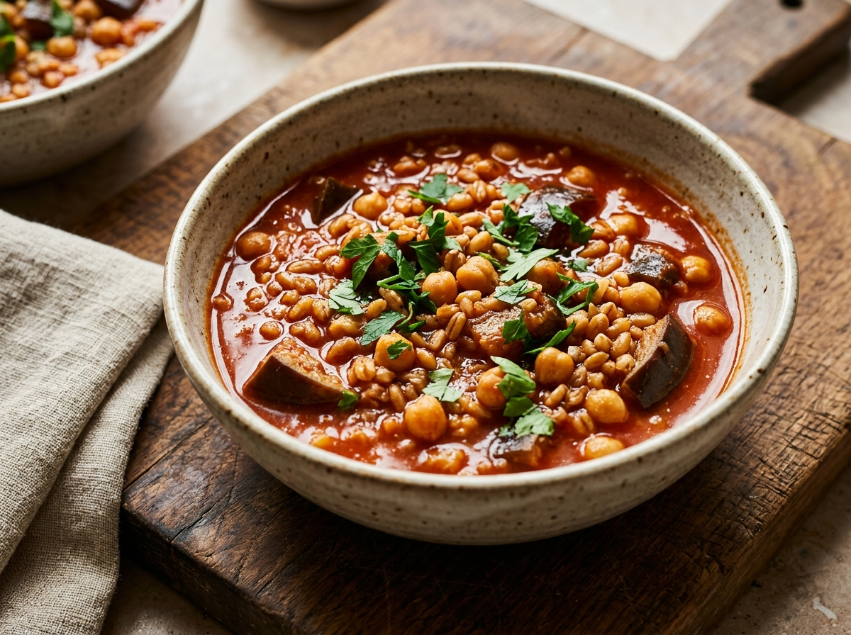 Top-down view of spelt aubergine and chickpea stew in a rustic bowl with parsley, on a wooden board.