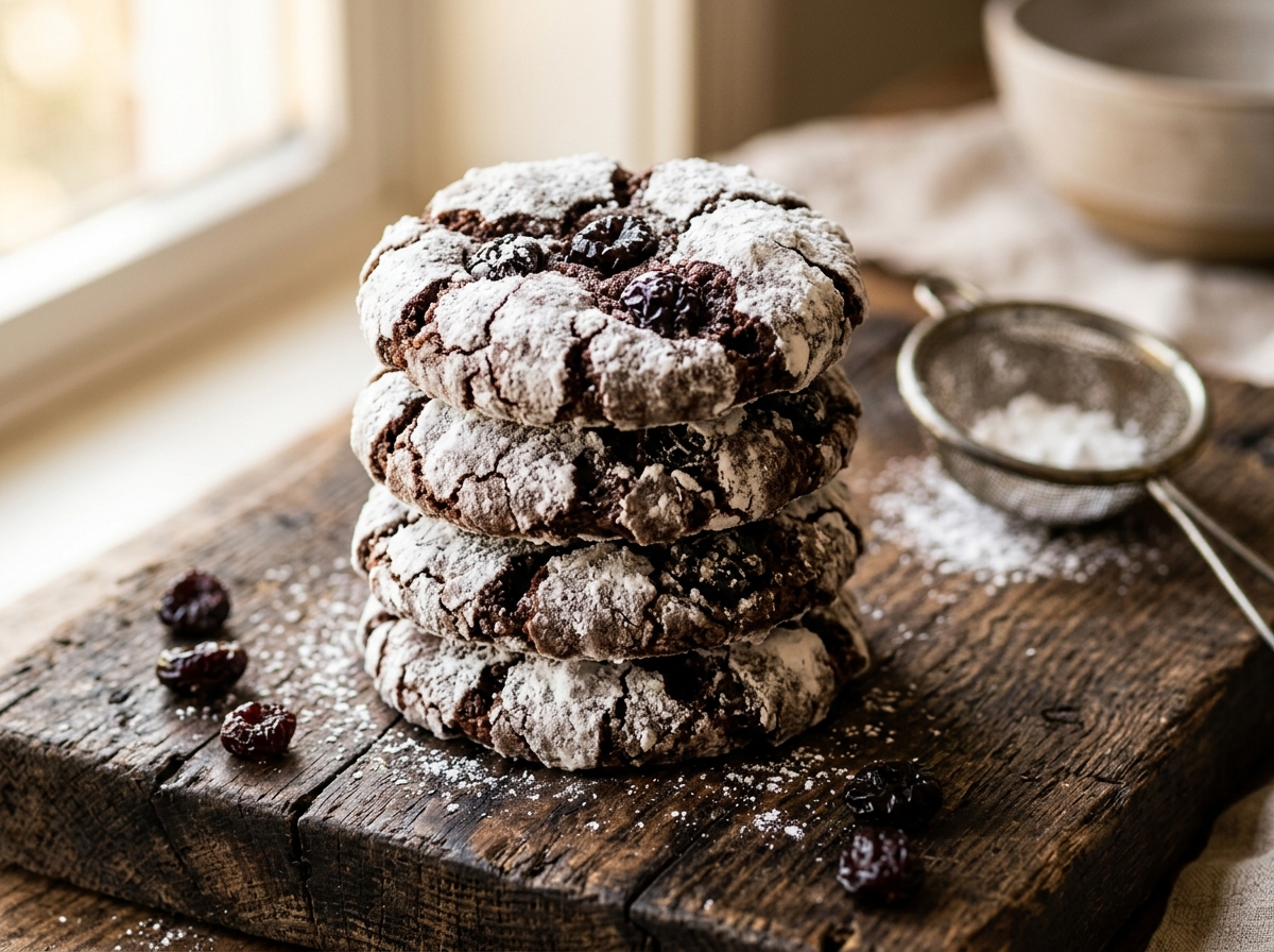 Stack of spelt chocolate cherry crinkle cookies with crackled powdered sugar crust on a dark wooden board