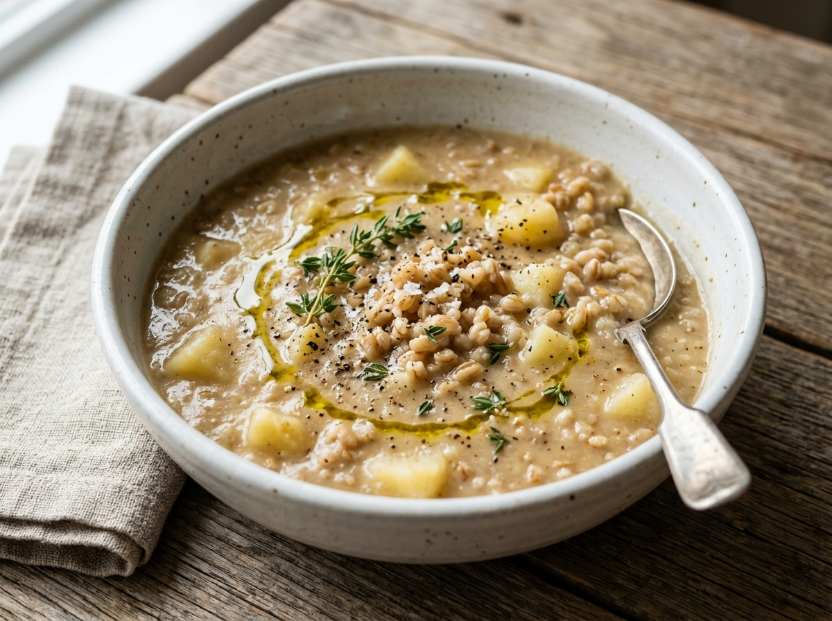 White ceramic bowl of spelt roasted garlic and potato soup topped with olive oil drizzle and fresh thyme on a wooden table