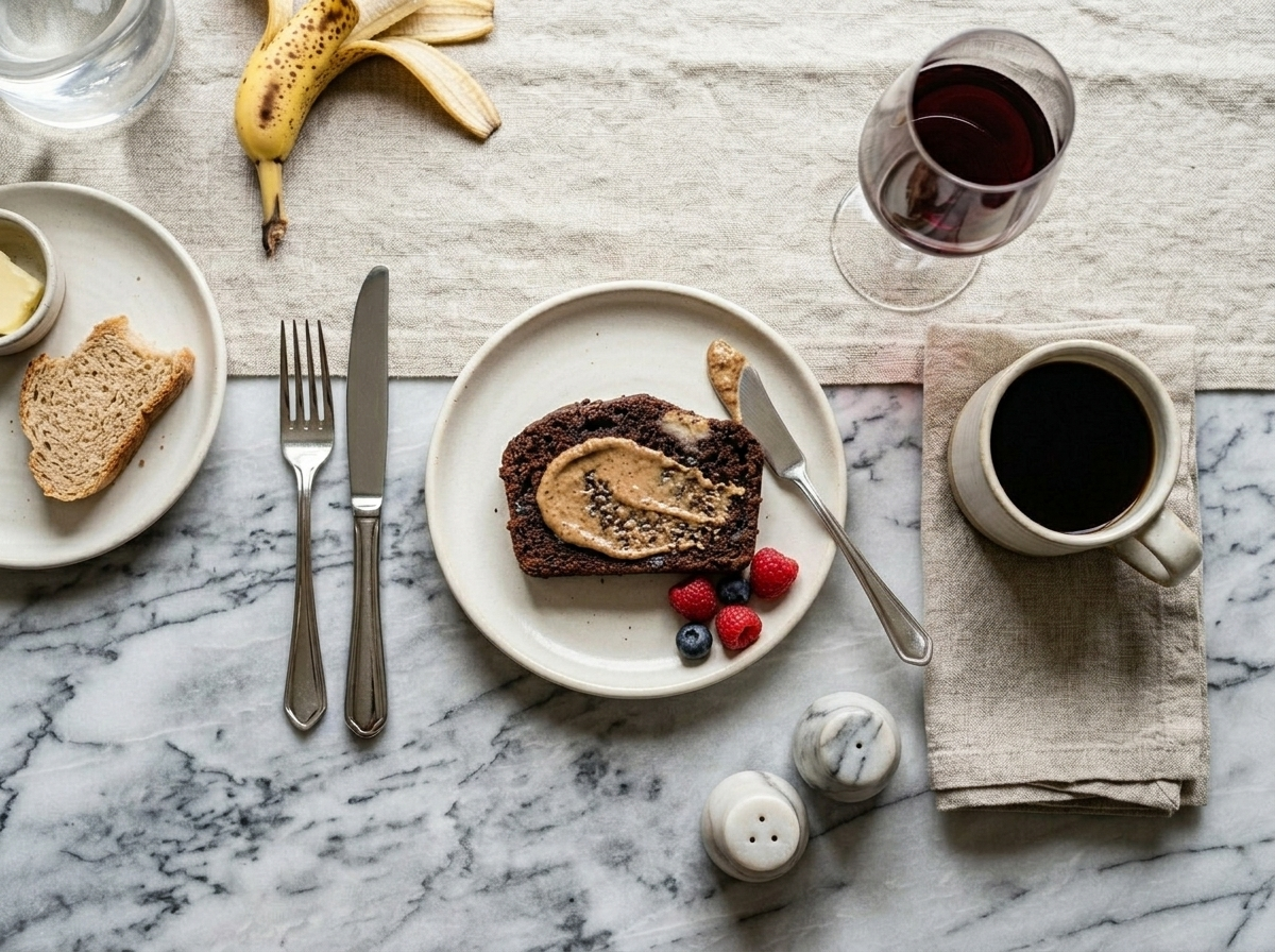 Thick slice of spelt chocolate banana loaf with almond butter on a ceramic plate next to black coffee