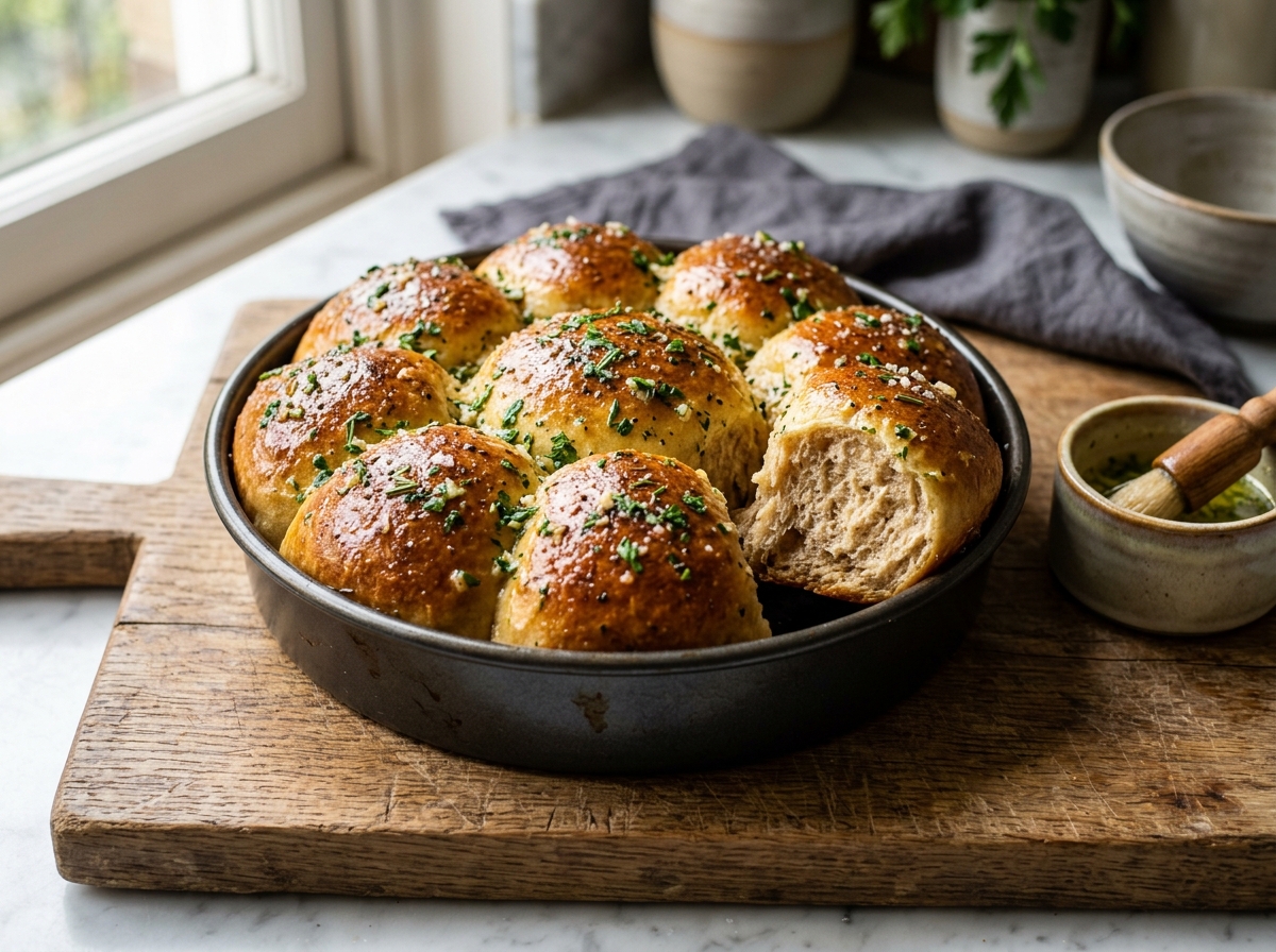 Golden spelt garlic herb tear-and-share rolls in a round tin, brushed with parsley garlic butter, one roll pulled apart