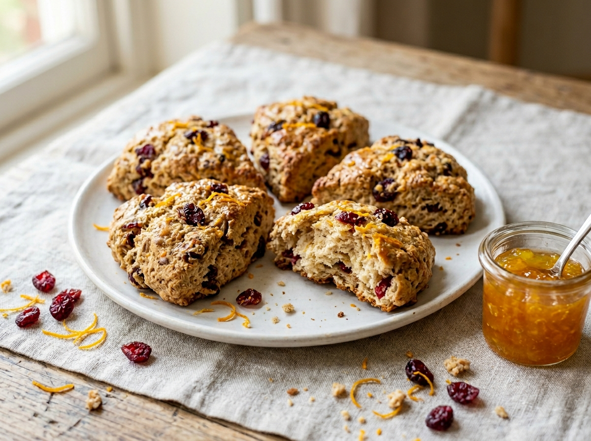 Six golden spelt orange cranberry scones on a white plate with dried cranberries and orange zest on a linen surface