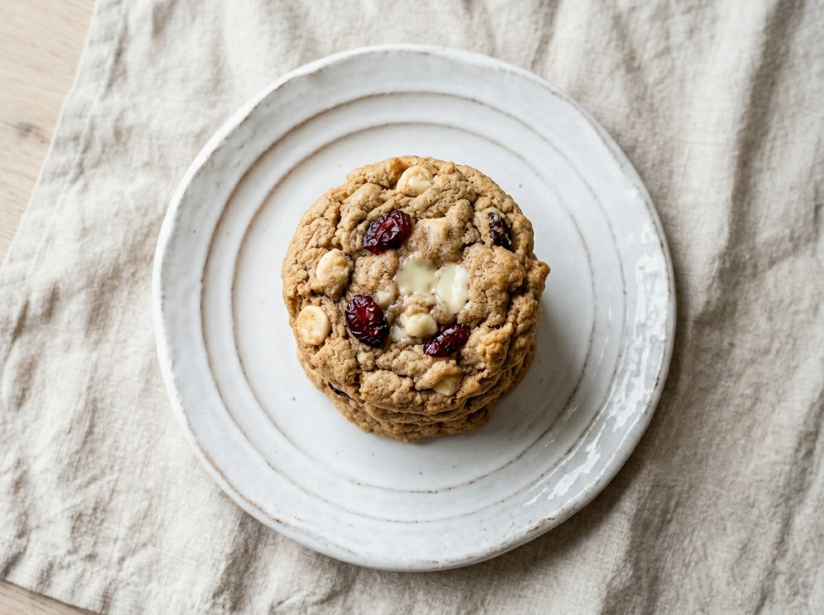Stack of spelt white chocolate cranberry cookies with visible chips and dried cranberries on a white ceramic plate, linen cloth