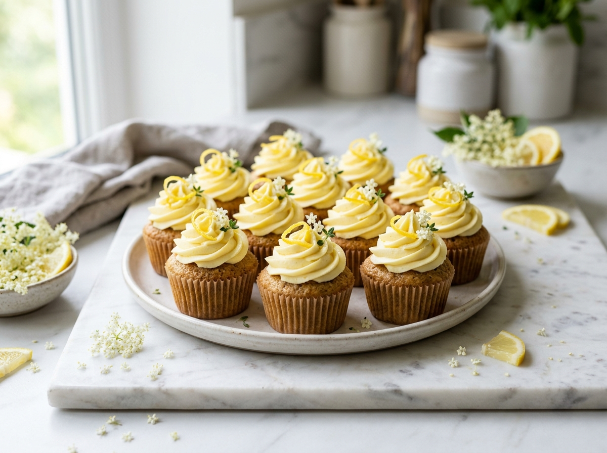 Twelve spelt lemon elderflower cupcakes on marble with piped buttercream swirls and candied lemon zest on top.