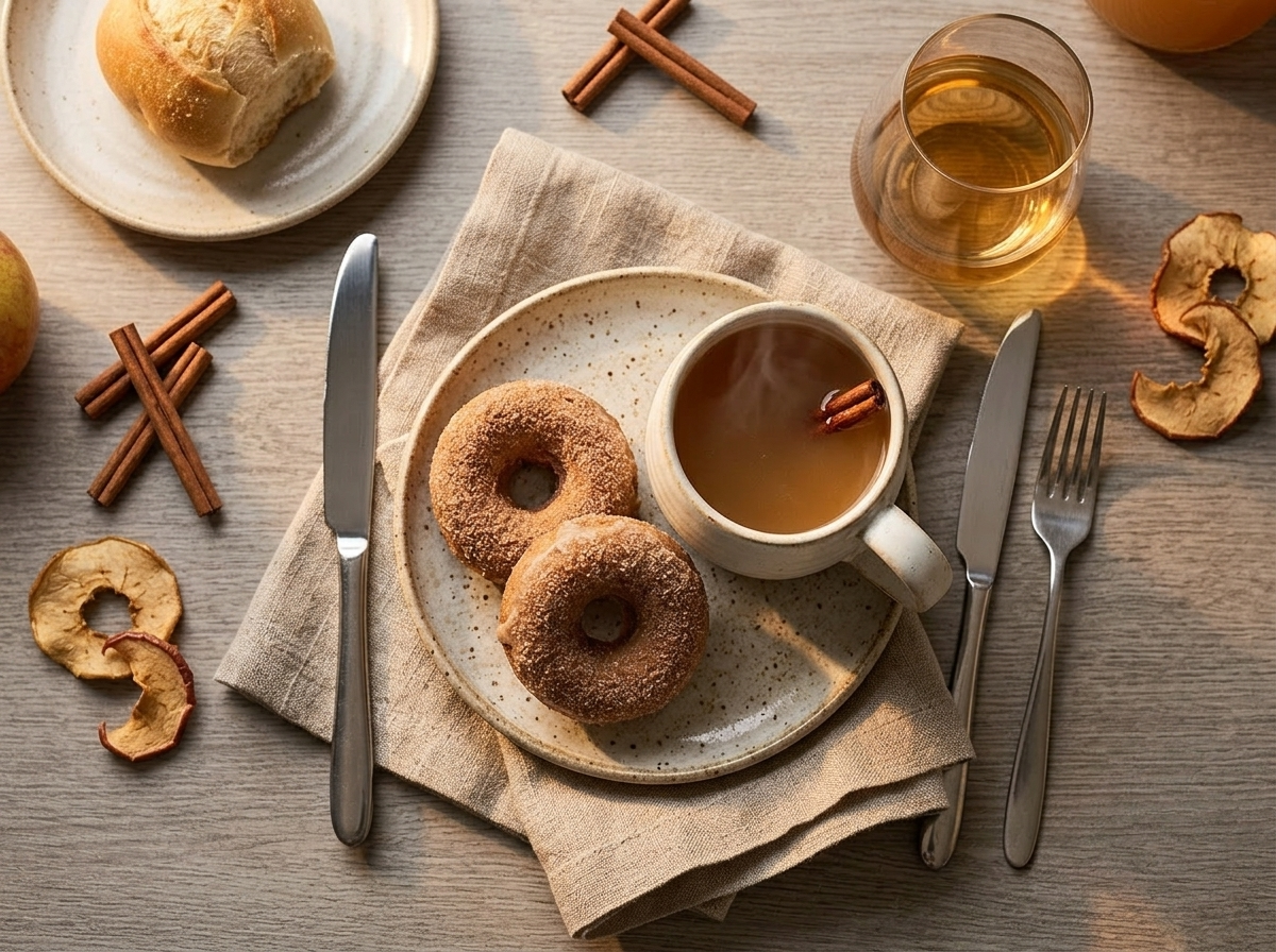 Two spelt apple cider doughnuts on a ceramic plate beside a mug of hot cider with cinnamon sticks