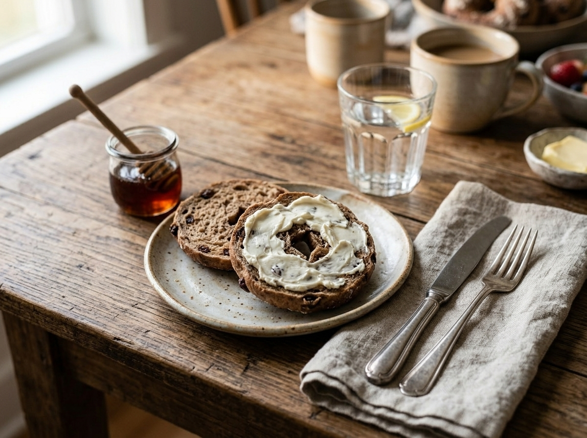 Sliced spelt cinnamon raisin bagel on a ceramic plate, one half spread with cream cheese, honey jar alongside
