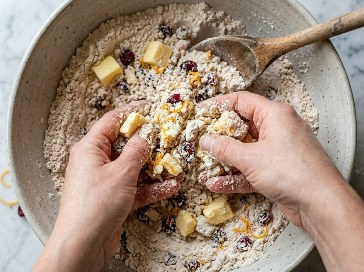 Cold butter cubes being rubbed into spelt flour with dried cranberries and orange zest beside the mixing bowl