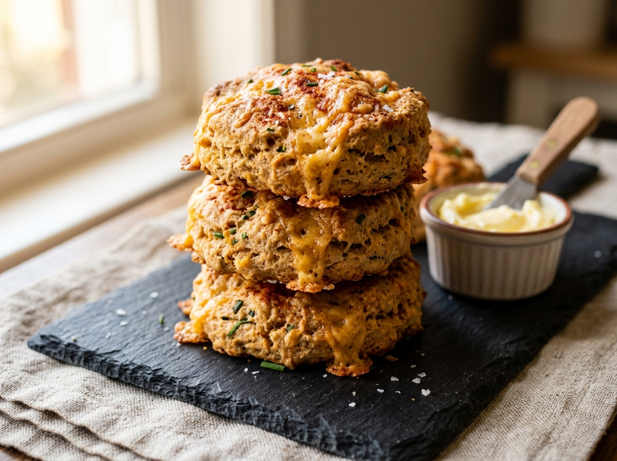 Stack of golden spelt smoked paprika cheese biscuits on a slate board with visible cheddar pockets and soft butter