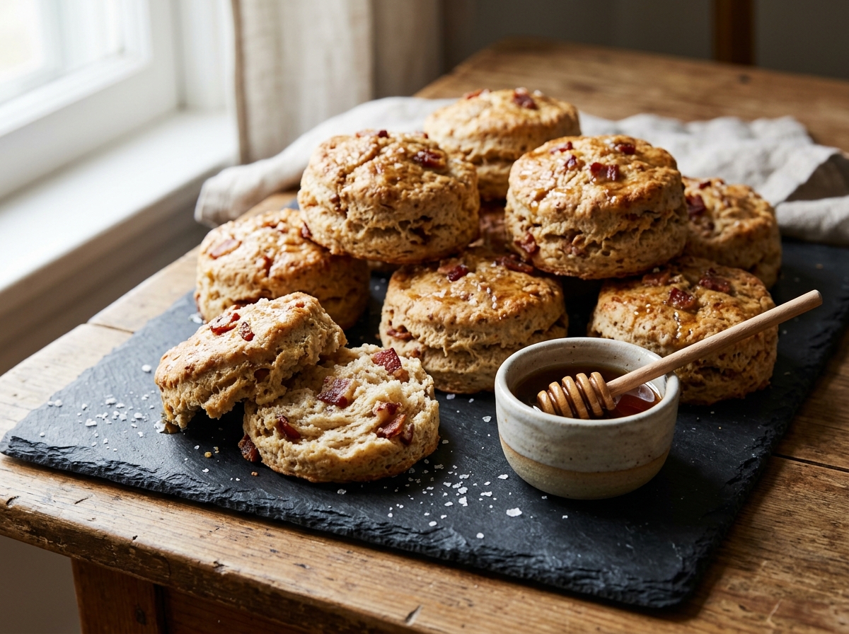 Golden spelt maple bacon biscuits stacked on a slate board, one split open showing flaky interior and bacon pieces