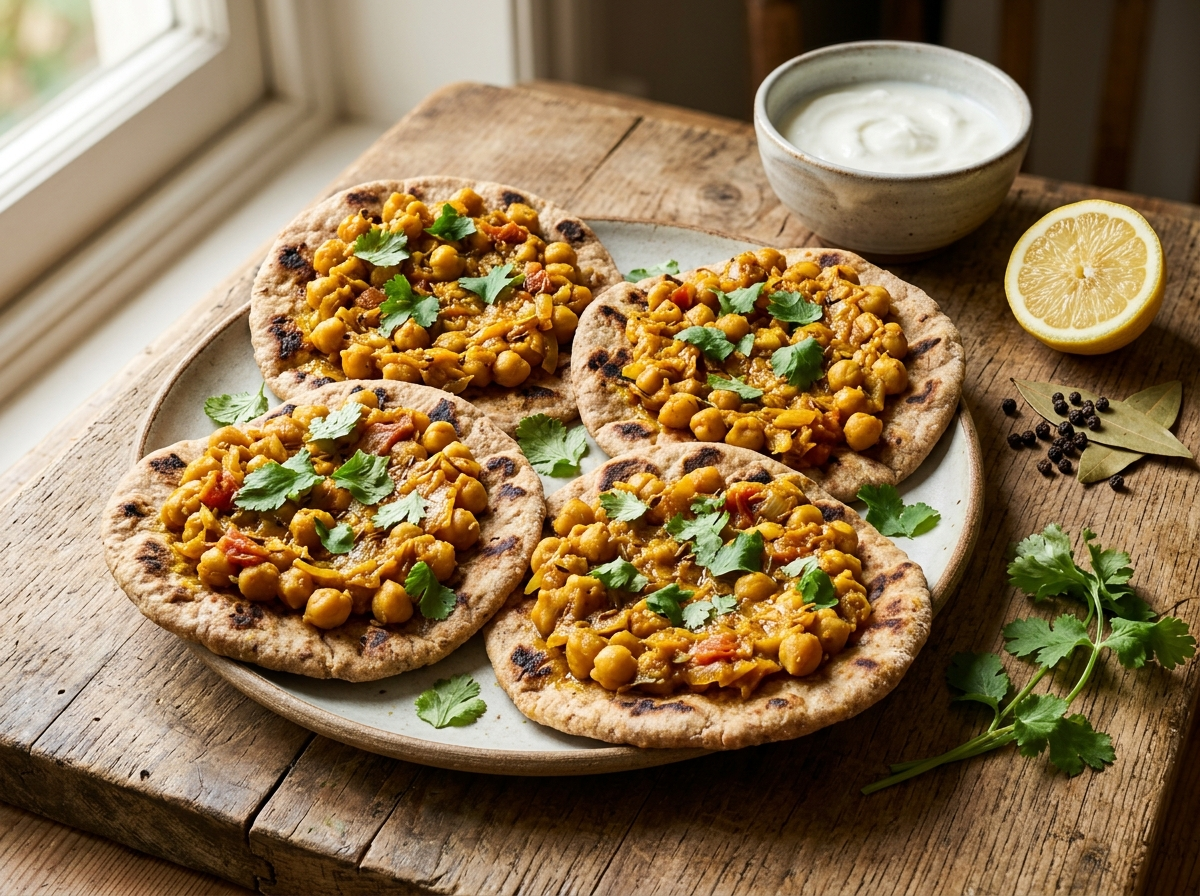 Spelt flatbreads topped with spiced chickpea masala, fresh coriander, and a side bowl of yogurt on a wooden board