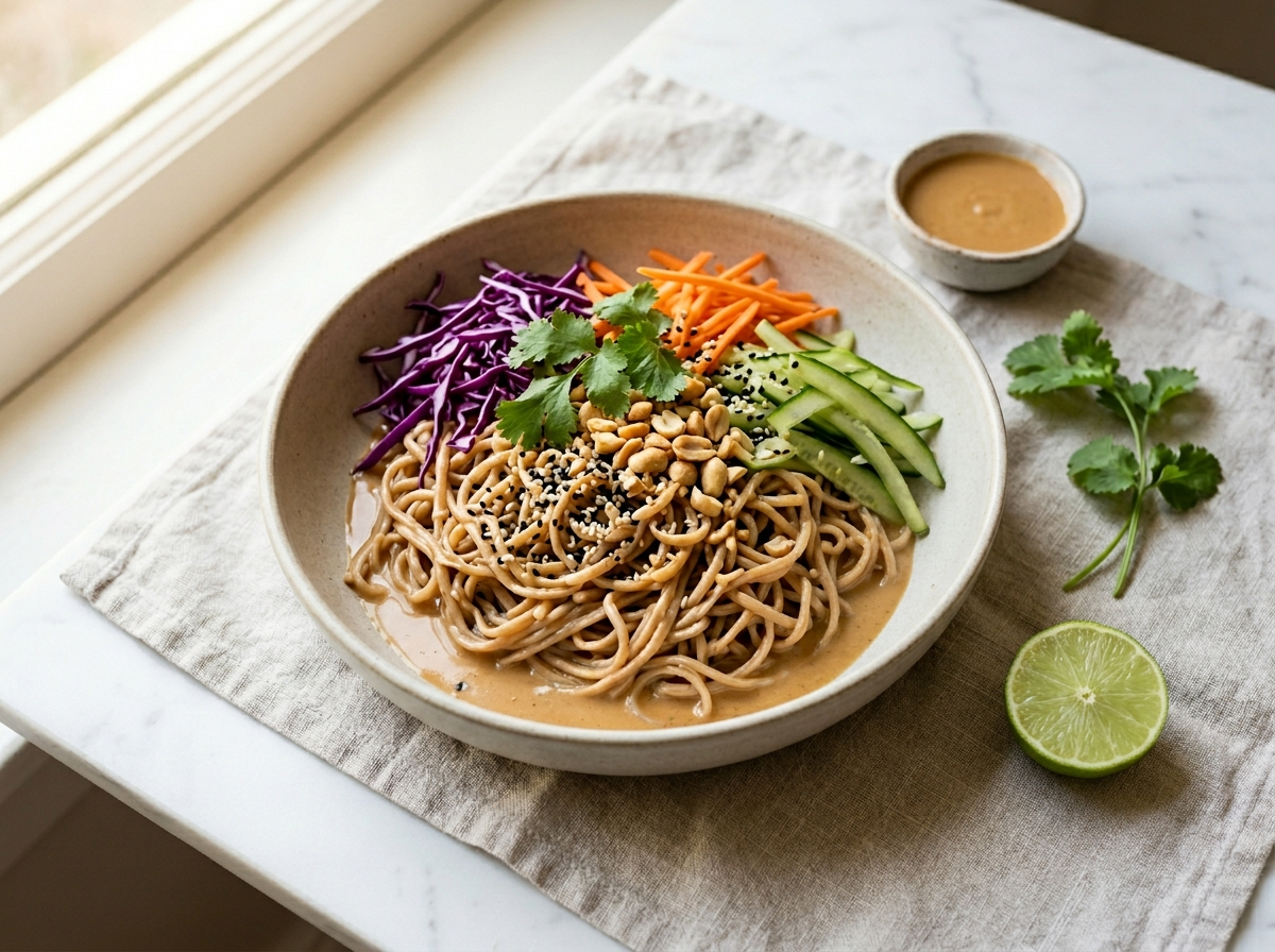 Spelt Thai peanut noodle bowl topped with red cabbage, carrots, cucumber, coriander, and crushed peanuts in a ceramic bowl