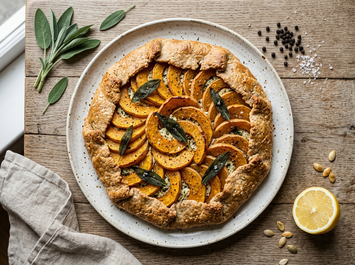 Whole spelt butternut squash galette with golden crust and roasted squash slices on a wooden board