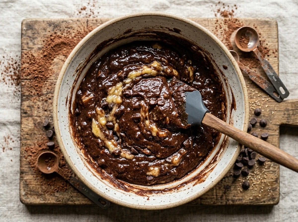 Rubber spatula folding dark cocoa and banana batter in a ceramic bowl during spelt loaf preparation