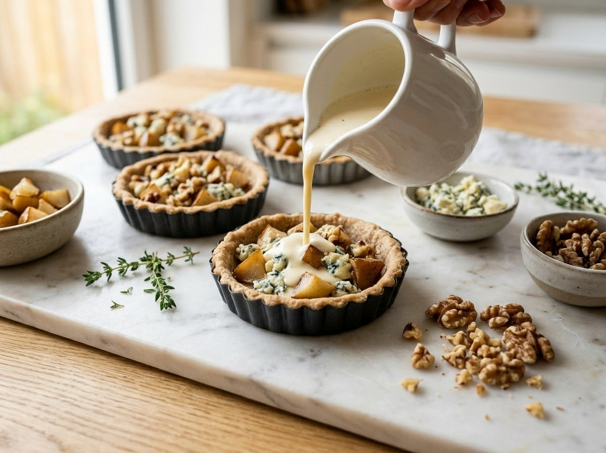 Cream and egg filling being poured into a spelt tartlet shell with roasted pear and crumbled blue cheese on marble