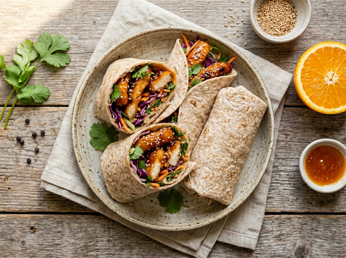 Four spelt sticky orange chicken wraps on a wooden board with slaw, cilantro, sesame seeds, and orange wedges
