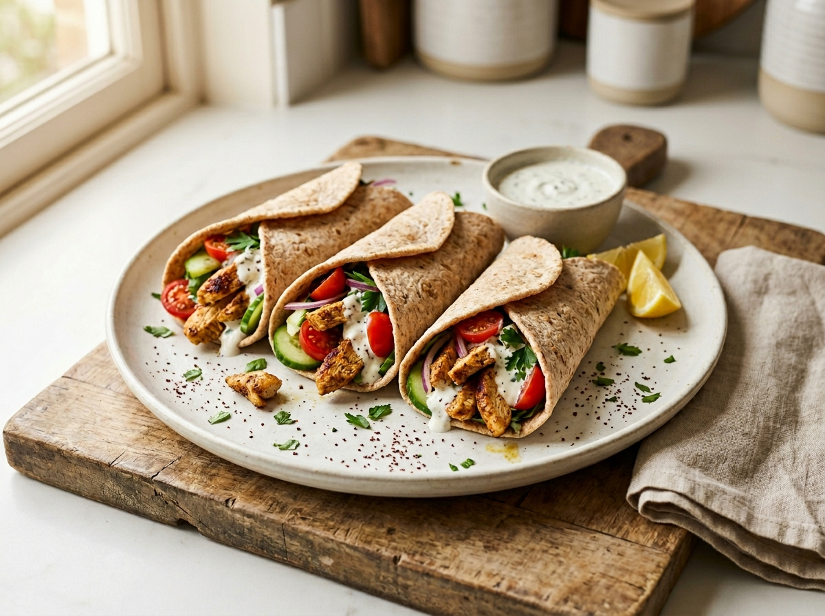 Spelt chicken shawarma flatbread wraps on a wooden board with garlic yogurt sauce, tomatoes, and parsley