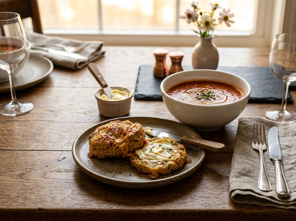 Split spelt smoked paprika biscuits with butter beside a bowl of tomato soup on a wooden table