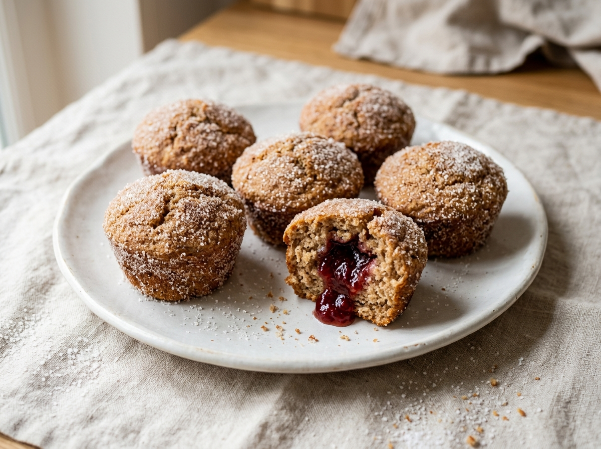 Spelt strawberry jam doughnut muffins on a white plate, one broken open to show the jam centre, dusted with sugar