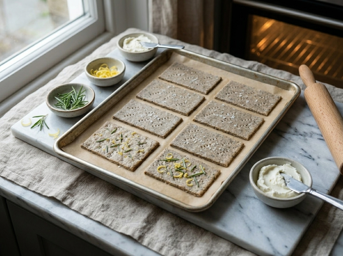 Rolled spelt cracker dough cut into rectangles on parchment, fork-pricked and topped with flaky sea salt before baking