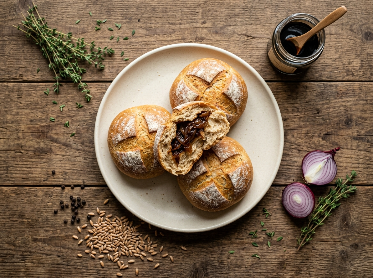 Eight golden spelt caramelised onion bread rolls on a wooden board, one torn open to show jammy onion filling inside