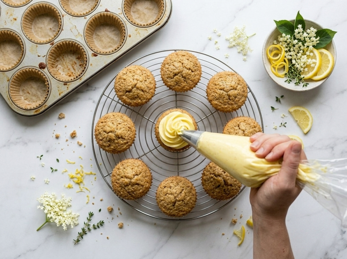 Piping pale elderflower buttercream onto a spelt lemon cupcake with a star tip, unfrosted cupcakes in background.