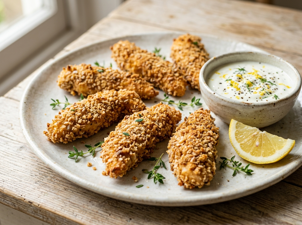 Spelt crispy chicken goujons on a white plate with lemon yoghurt dip and fresh thyme on a wooden surface