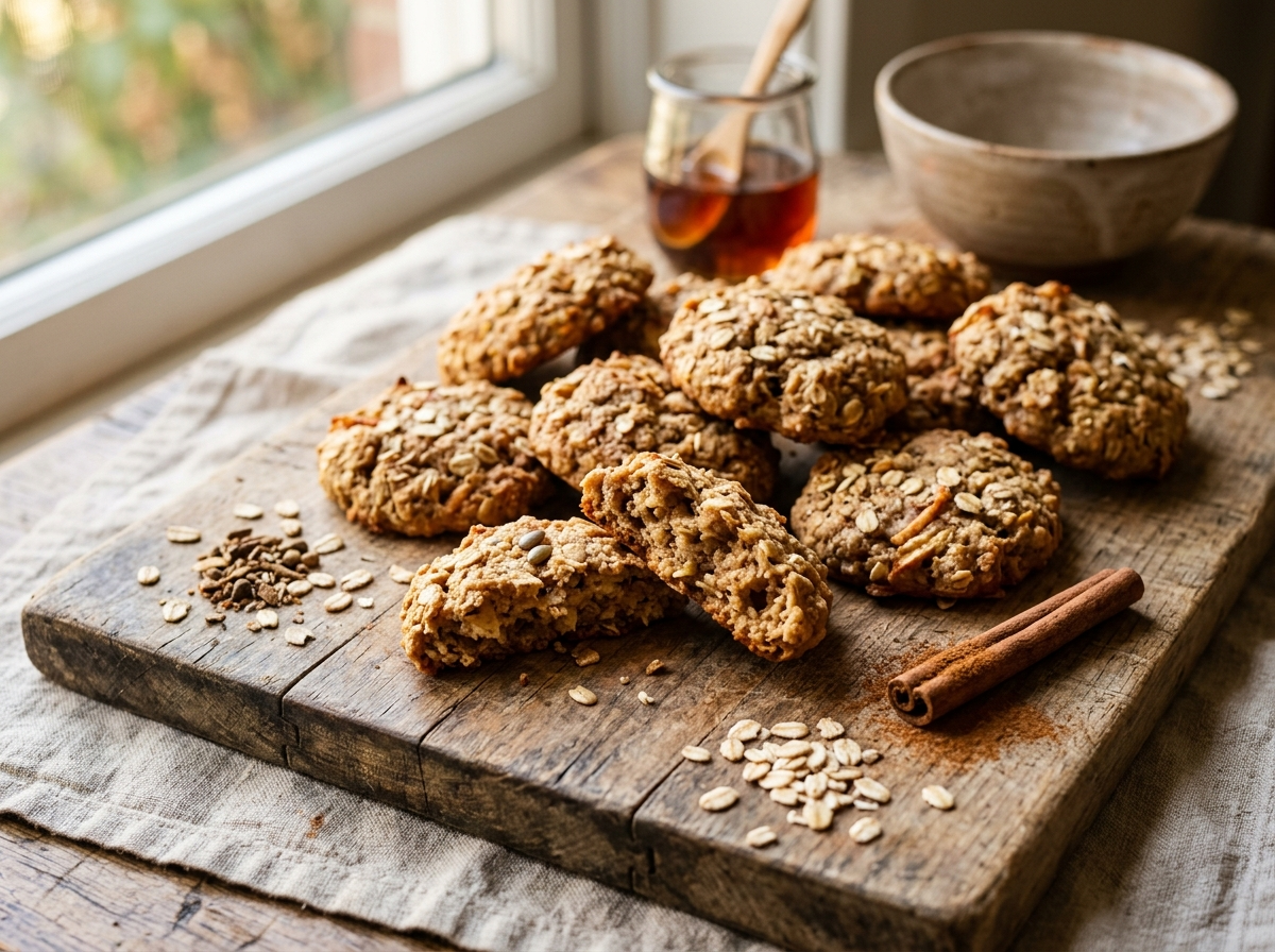 Twelve spelt cinnamon apple breakfast cookies on a wooden board, two broken open to show soft apple-flecked centres.