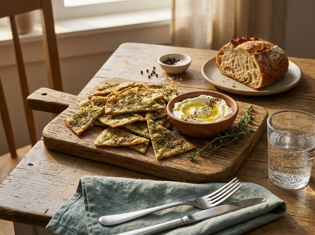 Broken spelt za'atar chips on a wooden board served with labneh, fresh thyme, and a glass of sparkling water.