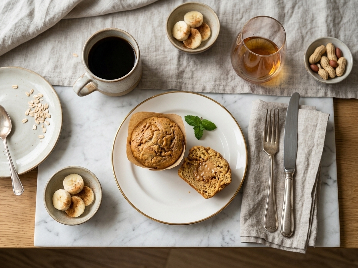 Two spelt peanut butter banana muffins on a white plate beside a mug of black coffee, one sliced open