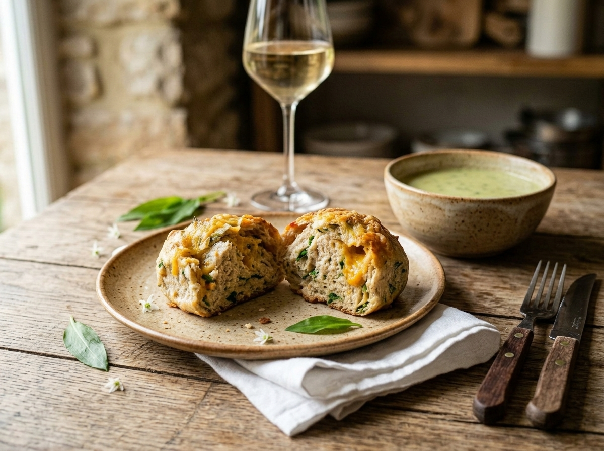 Two split spelt wild garlic cheese rolls on a ceramic plate beside a bowl of soup and a glass of white wine