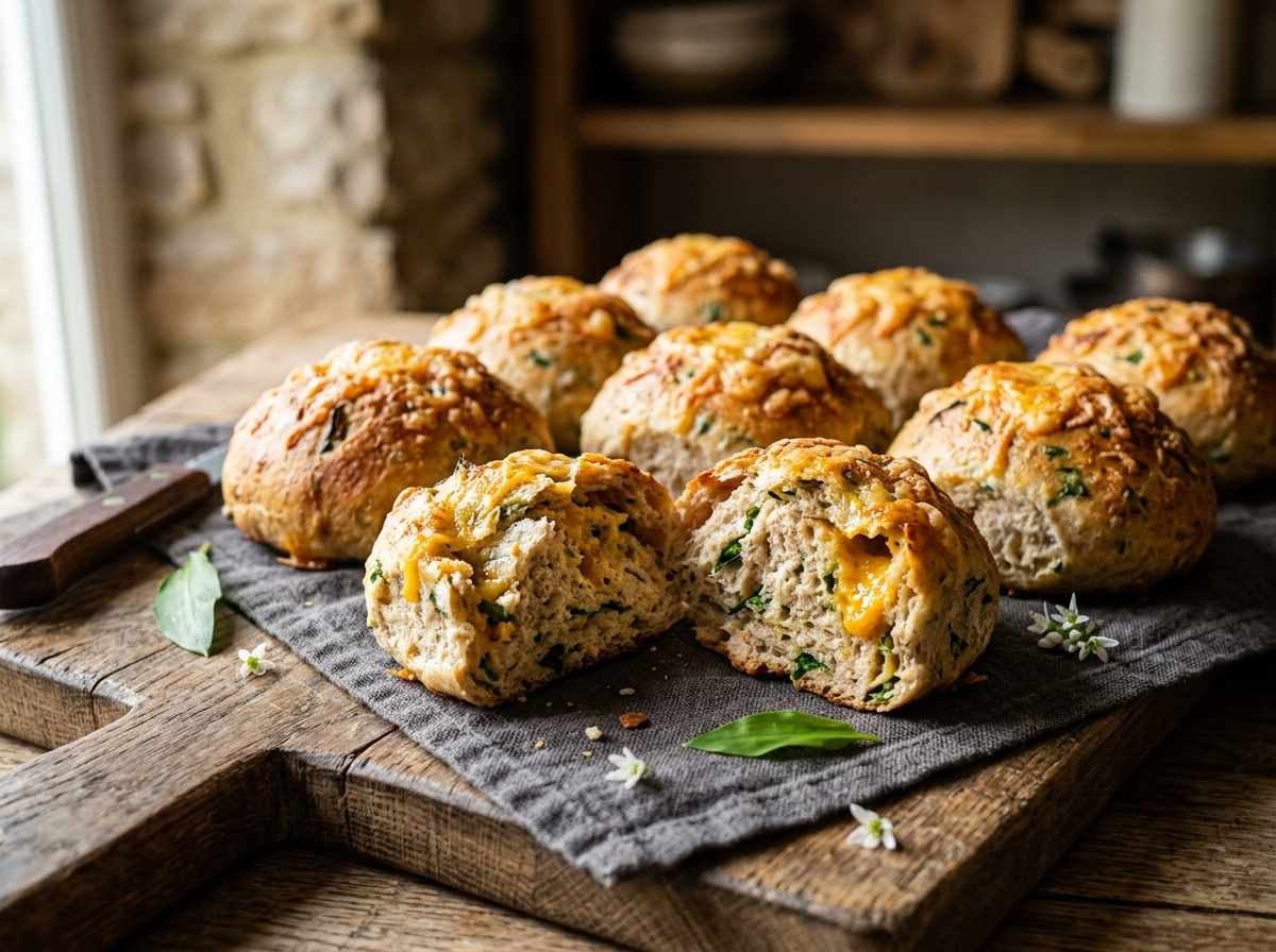 Eight golden spelt wild garlic cheese rolls on a wooden board, cheddar crust on top, one roll split to show green flecked crumb