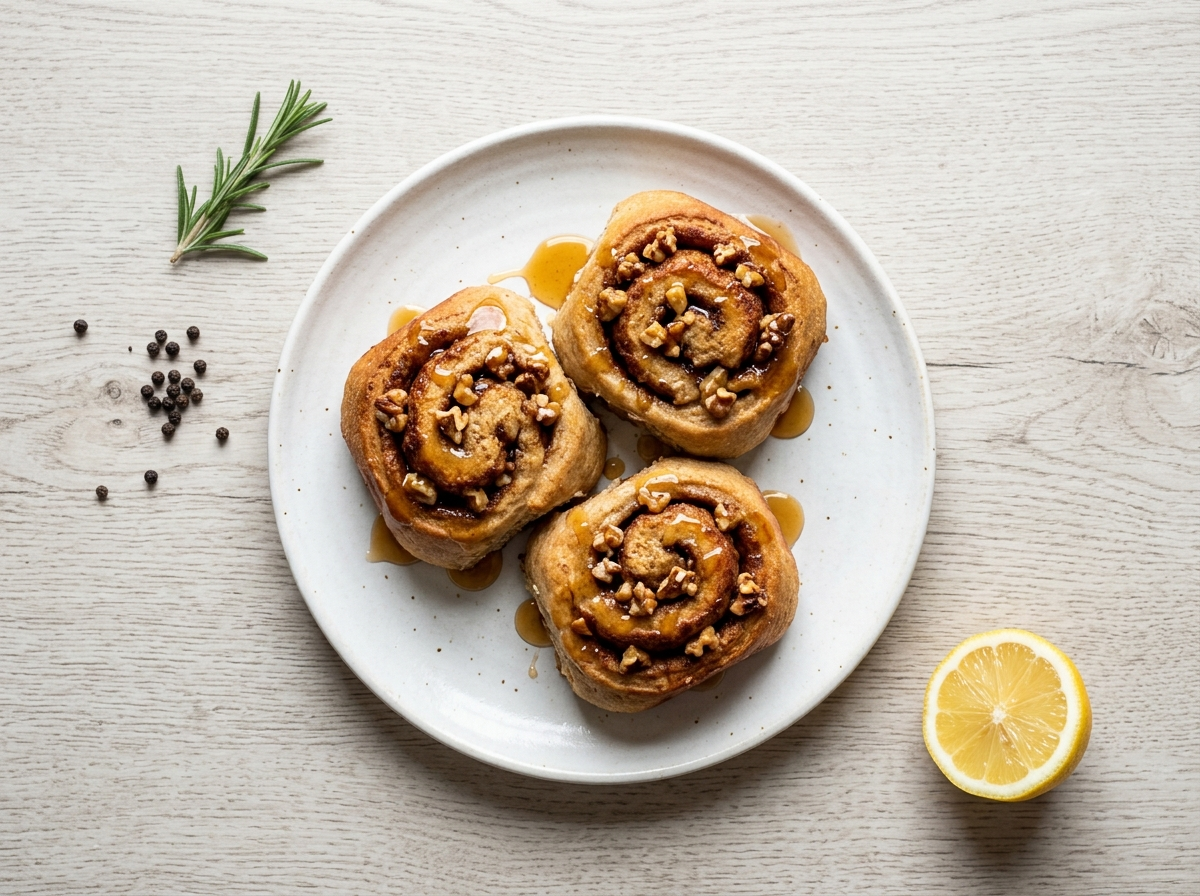 Batch of spelt maple walnut breakfast rolls with maple glaze and chopped walnuts in a white baking dish