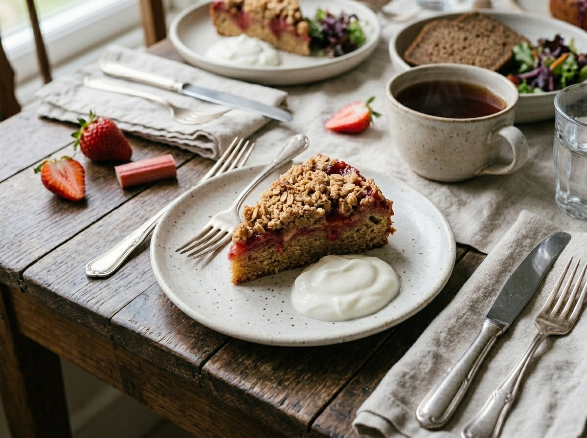 Single slice of spelt strawberry rhubarb crumble cake on a white plate with a spoonful of yogurt and fresh strawberries alongside