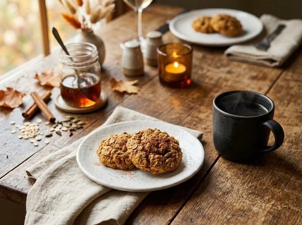 Two spelt pumpkin spice breakfast cookies on a white plate beside a mug of black coffee
