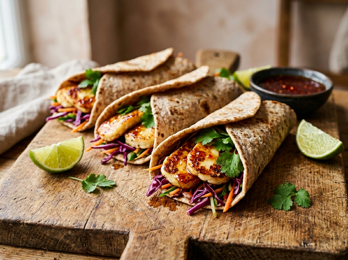 Four spelt flatbread wraps filled with sweet chilli halloumi, red cabbage, and coriander on a wooden board