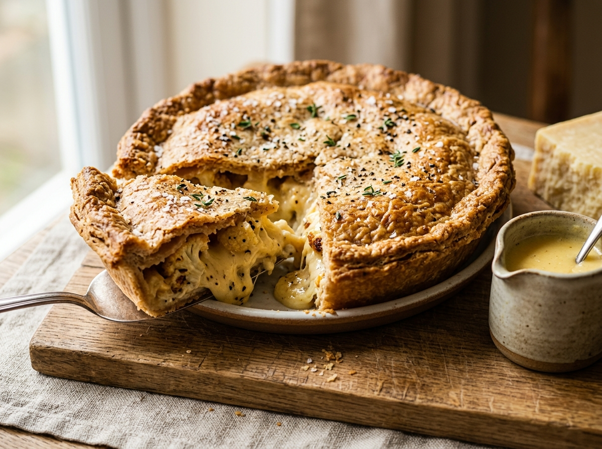 Golden spelt shortcrust cauliflower cheese pie on a wooden board with one slice lifted to reveal the cheddar filling
