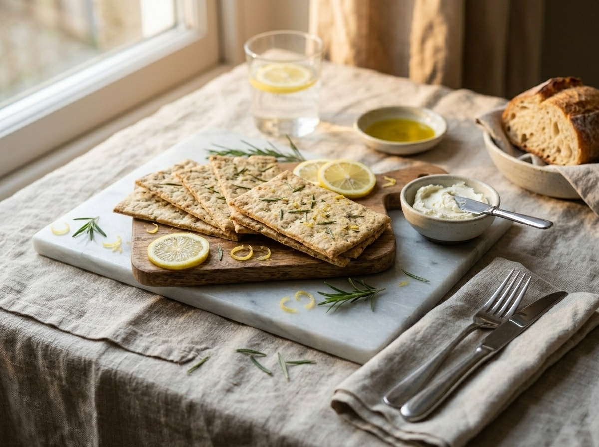Spelt lemon rosemary crackers on a wooden board with white bean dip, lemon slices, and fresh rosemary in warm light