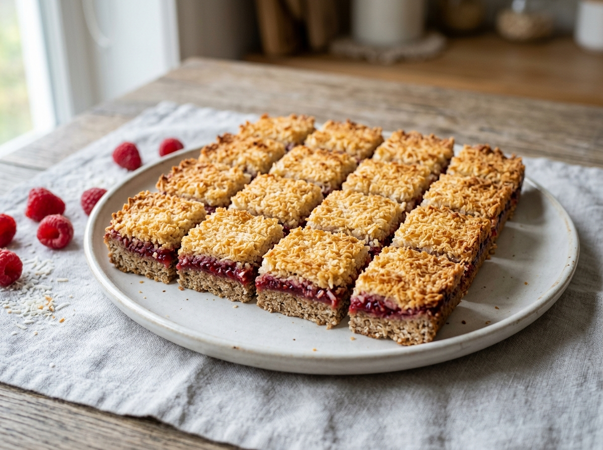 Spelt raspberry coconut slice cut into squares on a white plate showing golden coconut topping and red jam layer