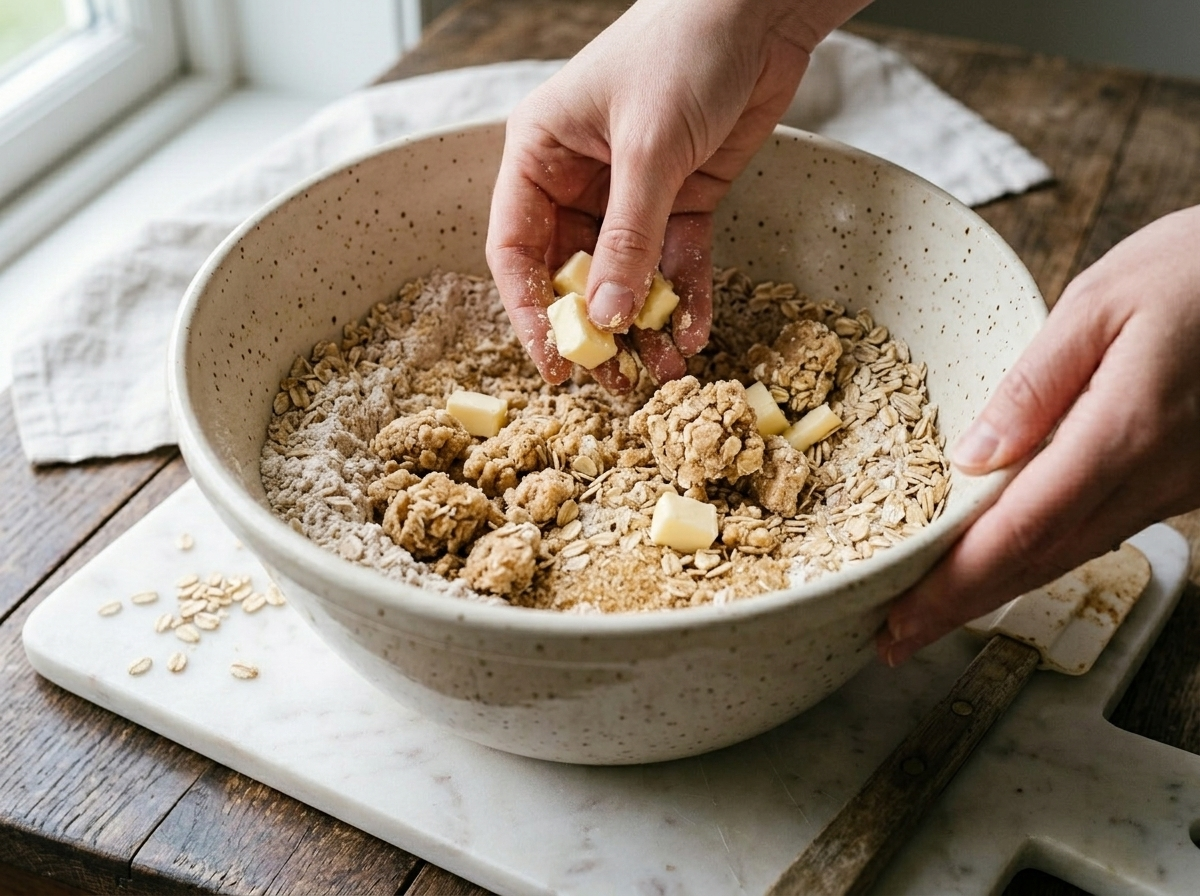 Cold butter being rubbed into spelt flour and rolled oats in a bowl to form rough crumble clumps for the cake topping