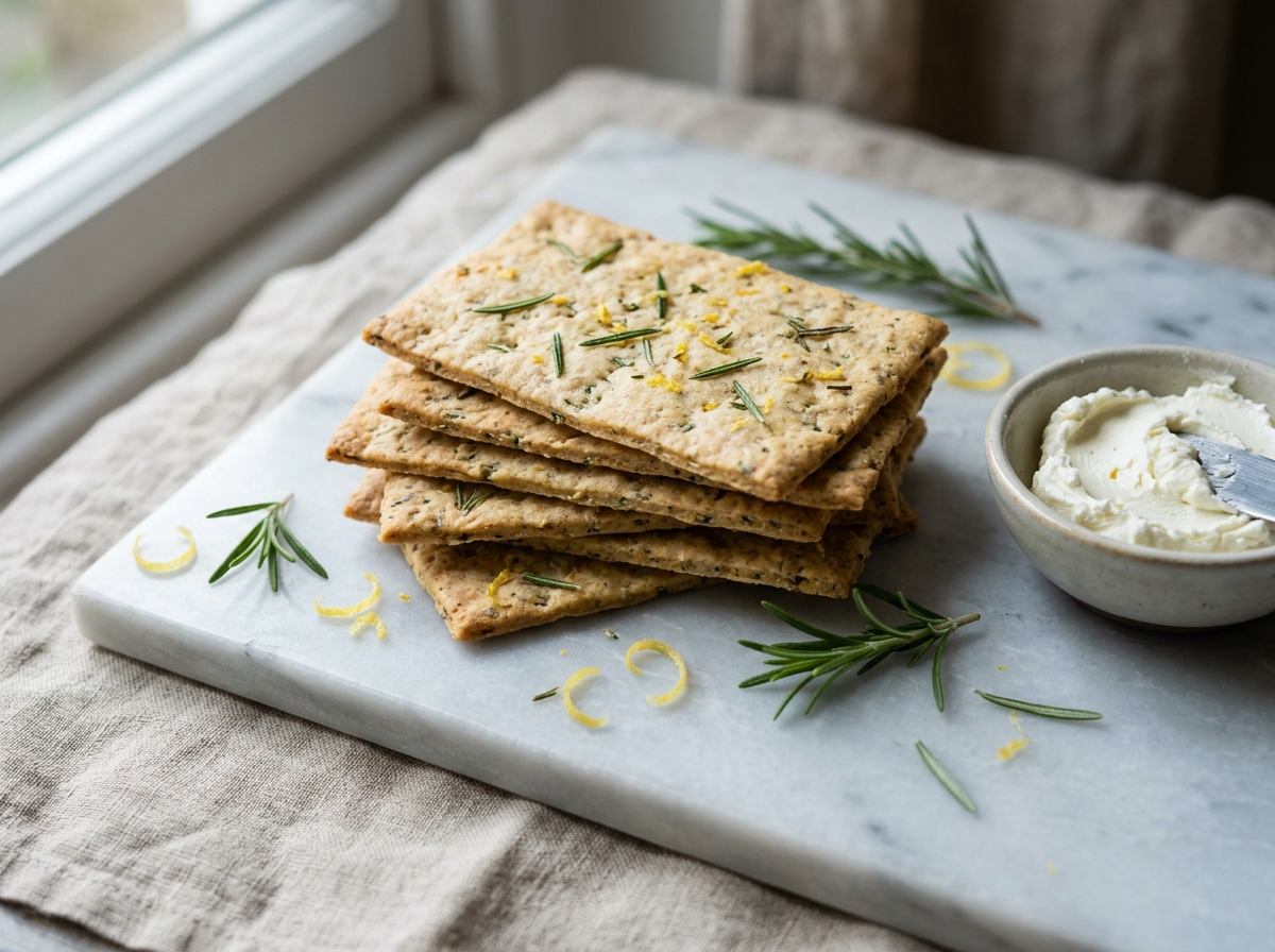 Crisp spelt lemon rosemary crackers stacked on marble with rosemary sprigs, lemon zest, and a small bowl of goat's cheese