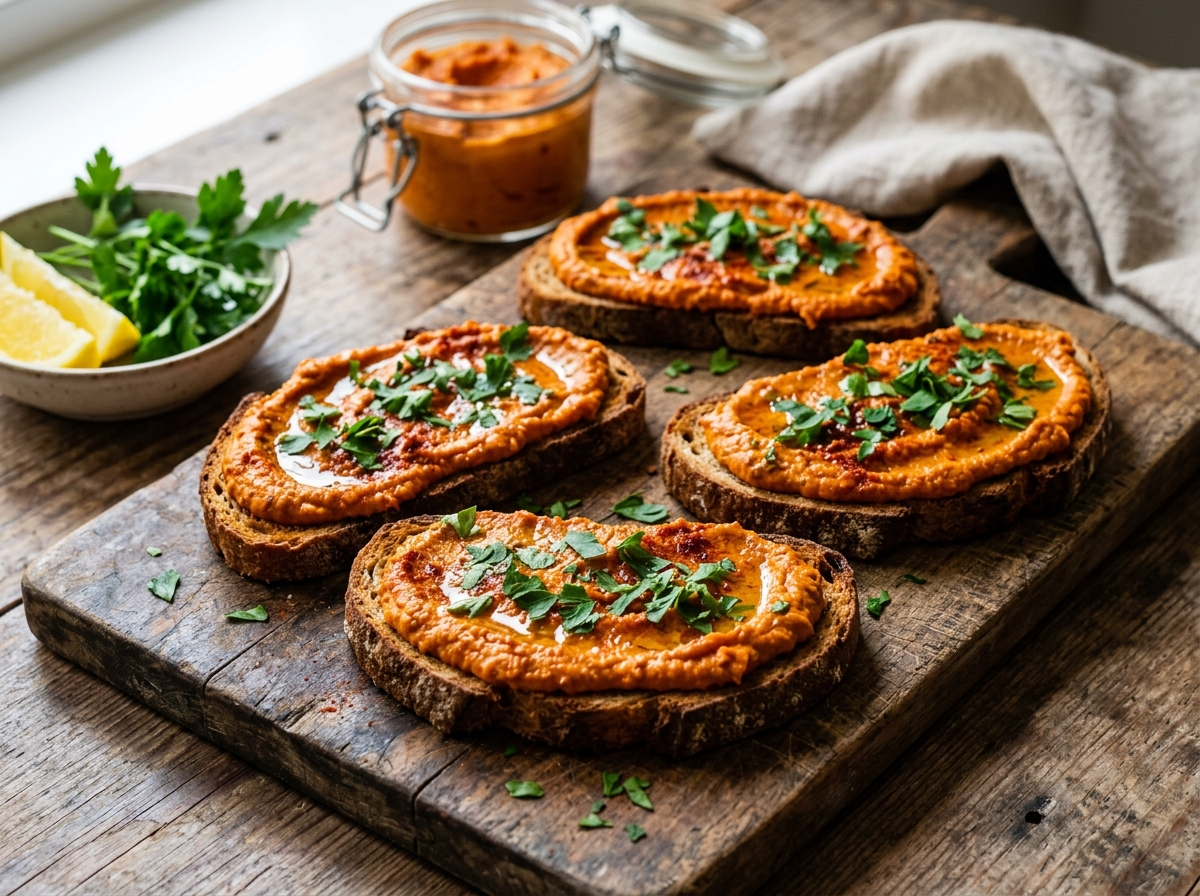 Four spelt toasts spread with roasted red pepper hummus, topped with parsley and smoked paprika on a wooden board