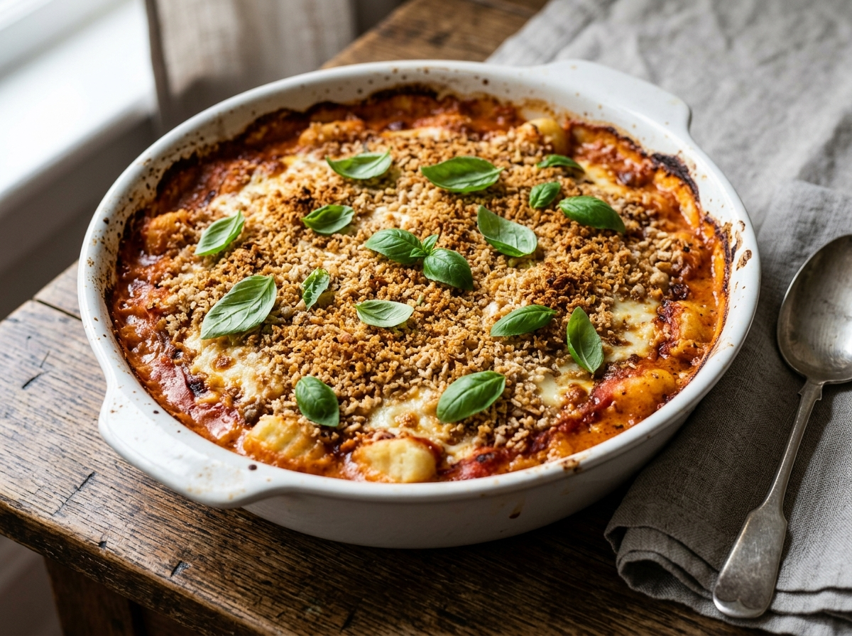 Spelt creamy tomato gnocchi bake in a white ceramic dish with golden breadcrumb topping and fresh basil