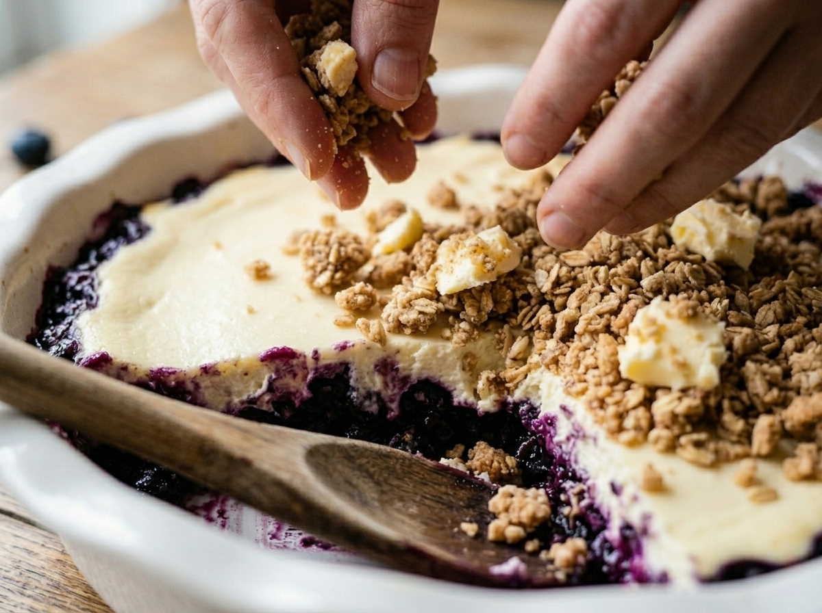 Hands scattering wholegrain spelt crumble topping over a cream cheese layer and blueberries in a baking dish