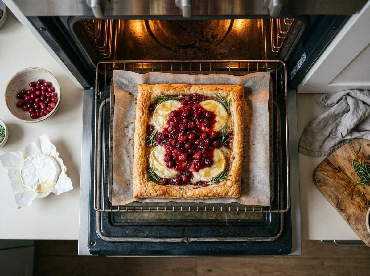 Spelt cranberry brie tart on a baking sheet in the oven with pastry border puffing and brie starting to melt