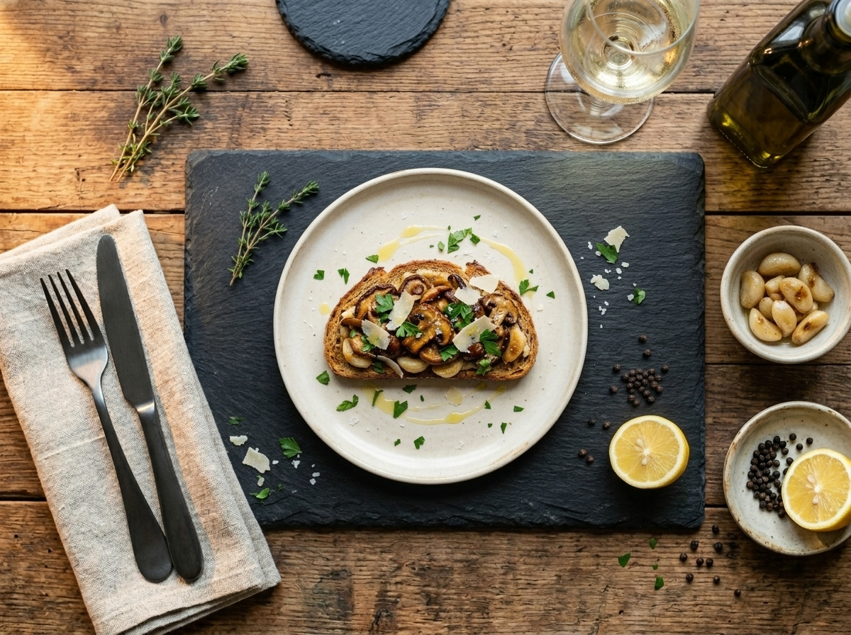 Two spelt roasted mushroom toasts on a wooden board with a glass of white wine and olive oil bottle in the background.