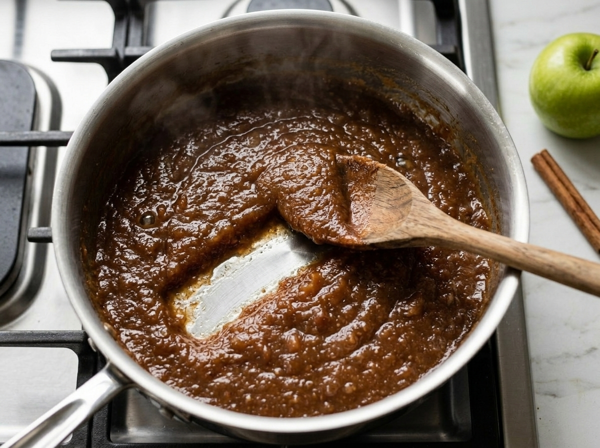 Dark amber cinnamon apple butter simmering in a saucepan with a wooden spoon showing the thick consistency.
