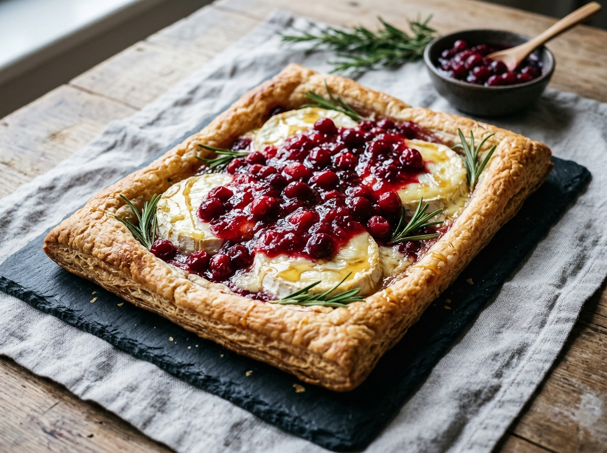 Golden spelt puff tart topped with melted brie and cranberry sauce on a slate board with rosemary sprigs