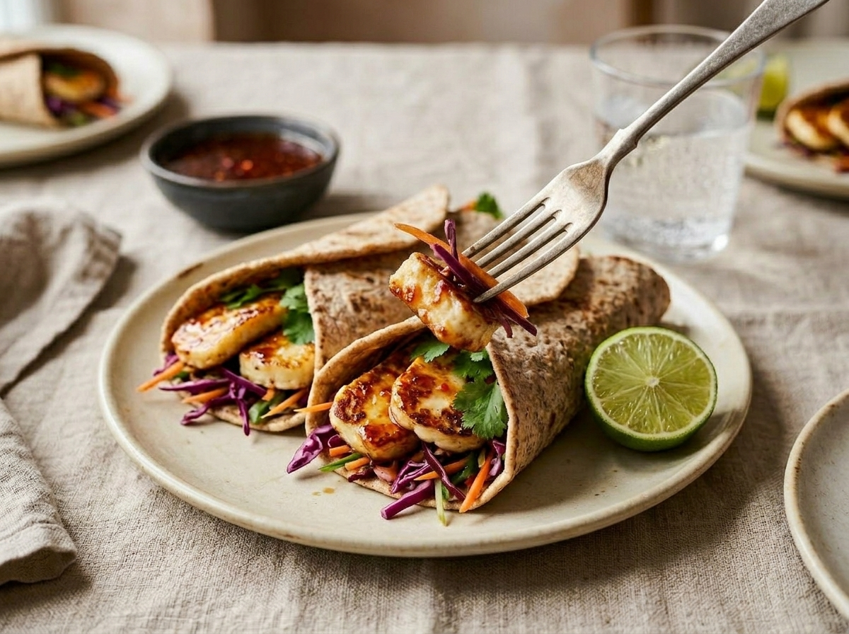 Two assembled spelt sweet chilli halloumi wraps on a ceramic plate with lime wedges and dipping sauce