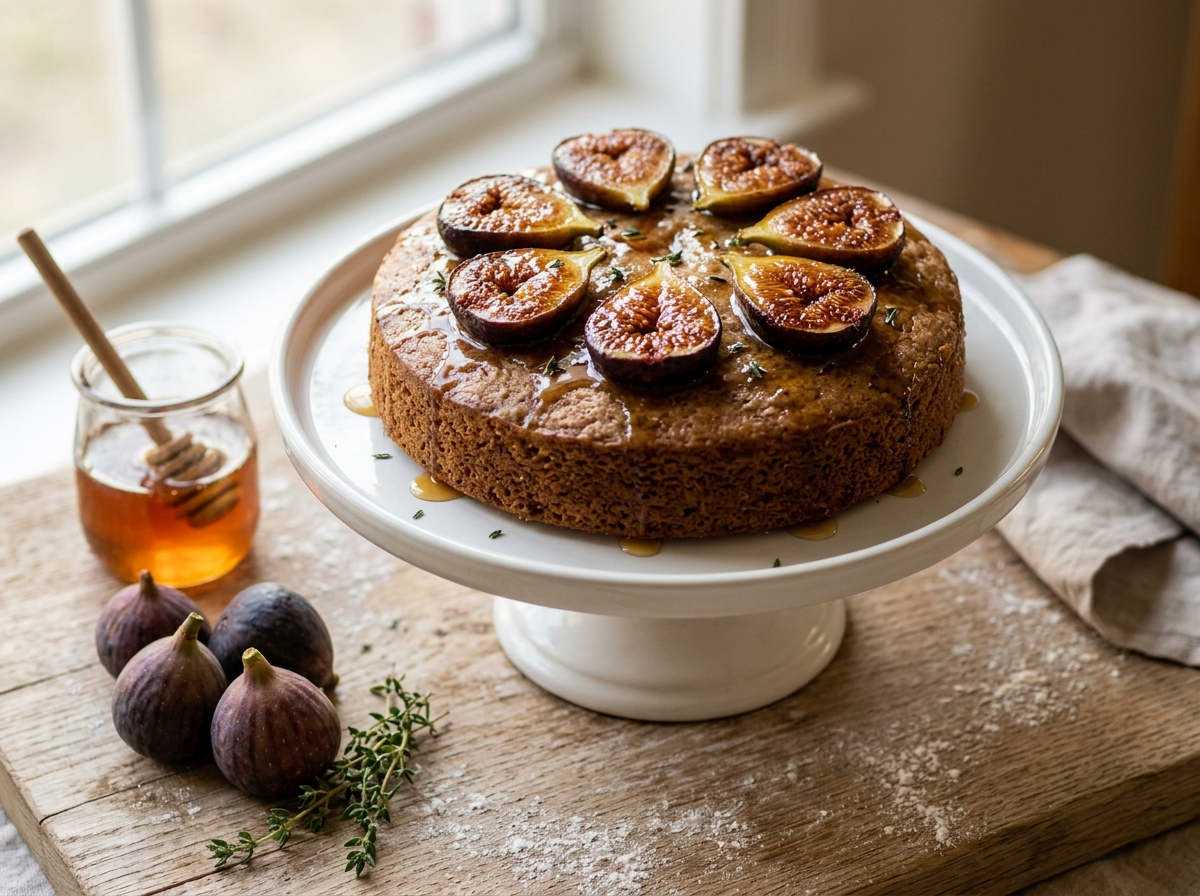 Spelt honey roasted fig cake on a white cake stand with caramelised fig halves and honey glaze on top