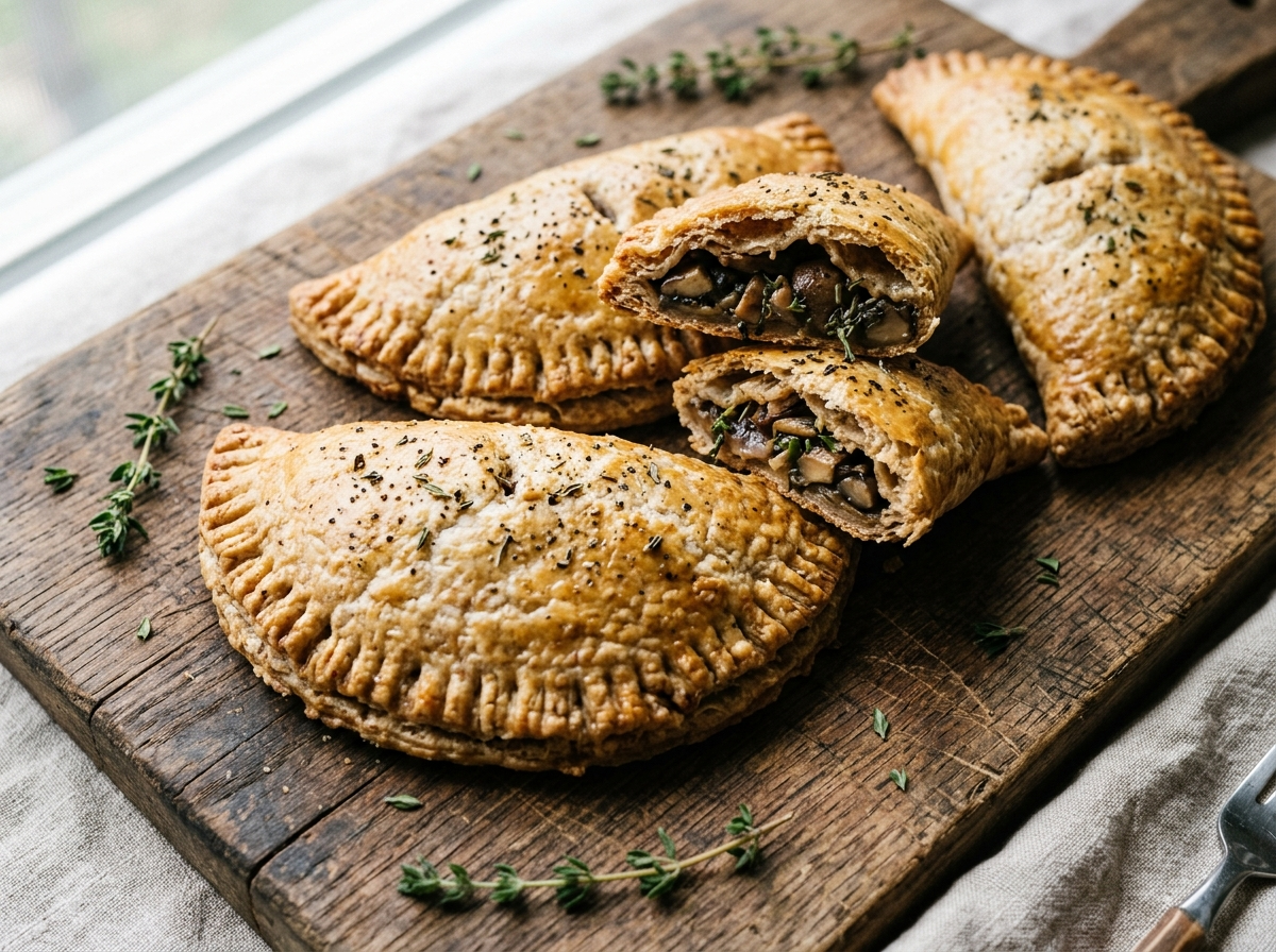 Four golden spelt mushroom and thyme hand pies on a wooden board, fork-crimped edges and flaky crust